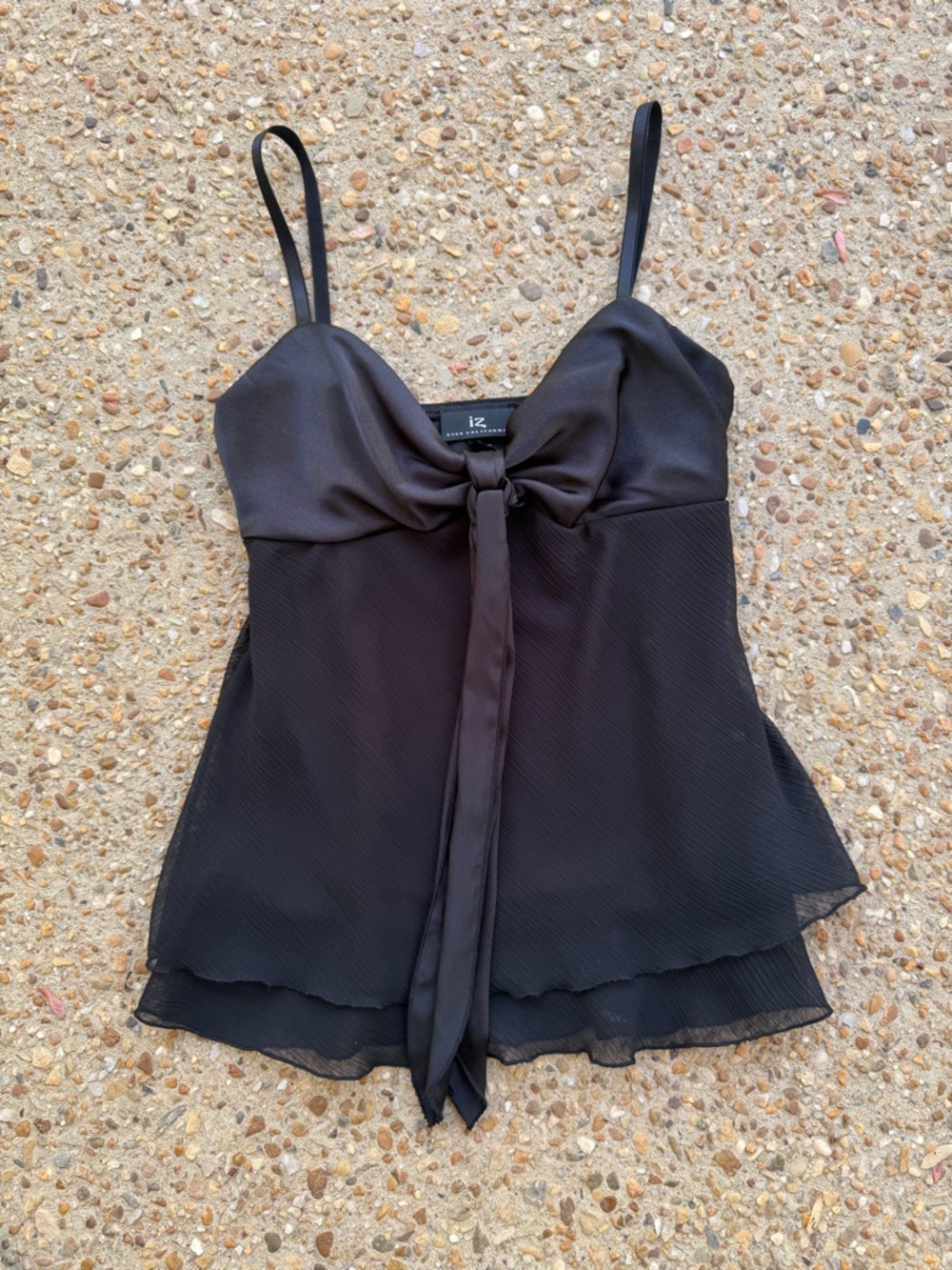 VTG Y2K Iz Byer Black Satin Tie-Front Sheer Layered Cami Tank Made in USA Size S